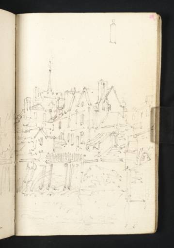 Joseph Mallord William Turner, ‘A Town Seen from near a Bridge over a River; with a Study of a Chimney Stack and Pot’ c.1794