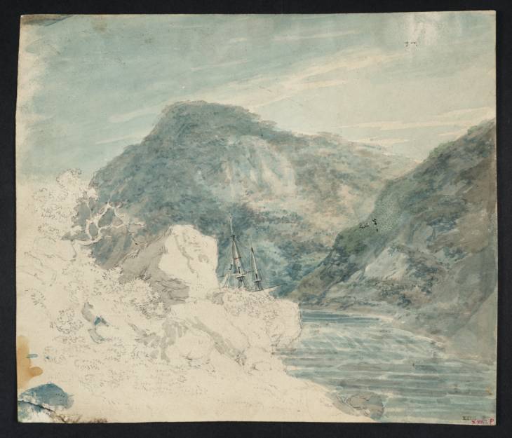Joseph Mallord William Turner, ‘A Sailing Ship on a River between Rocky Cliffs’ ?1792-3