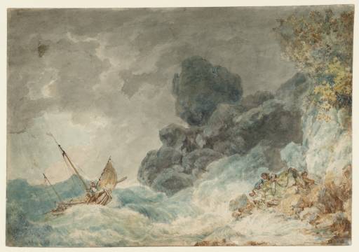 Joseph Mallord William Turner, ‘A Rocky Shore, with Men Attempting to Rescue a Storm-Tossed Boat’ 1792-3
