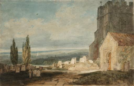 Joseph Mallord William Turner, ‘A Church and Churchyard near a River or Lake, with an Extensive Landscape Beyond’ ?1796-7