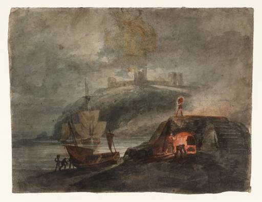 Joseph Mallord William Turner, ‘Llanstephan Castle by Moonlight, with a Kiln in the Foreground’ c.1795