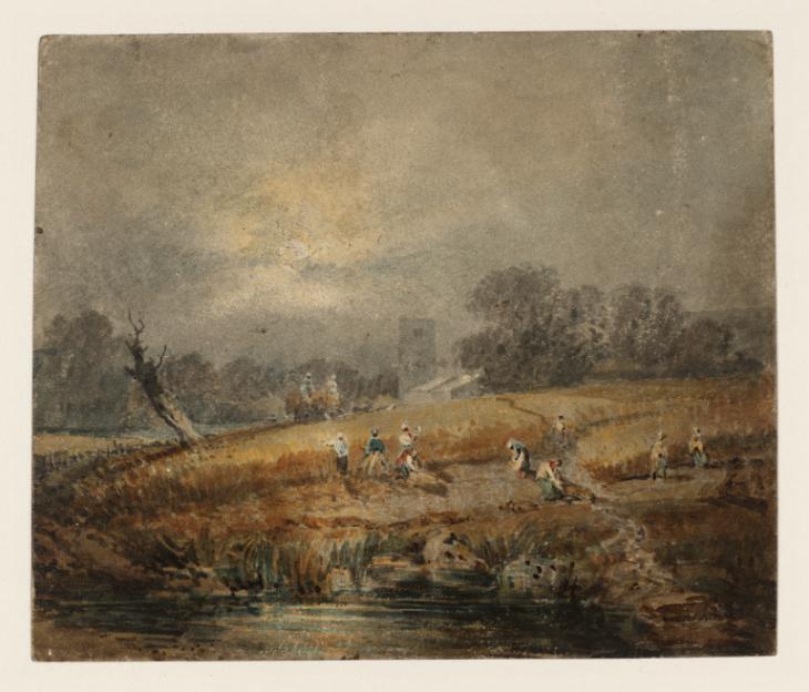 Joseph Mallord William Turner, ‘A Cornfield with Reapers and a Church Beyond, with a Misty Sun’ c.1797