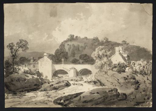 Joseph Mallord William Turner, ‘A Bridge over a River, with Buildings on Each Bank and a Cliff Beyond’ ?1797