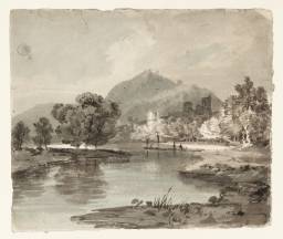 A River with a Ruined Castle among Trees and a Mountain Beyond