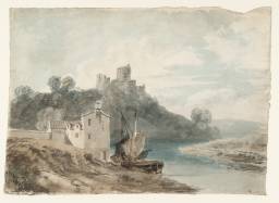 A Ruined Castle above a River, with Boats near a House in the Foreground