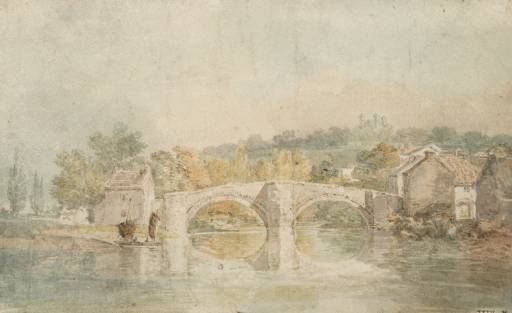Joseph Mallord William Turner, ‘A Two-Arched Bridge over a River, with a Large Building on a Hill Beyond’ 1795-6