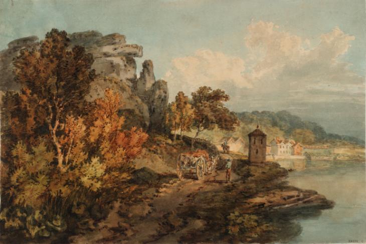 Joseph Mallord William Turner, ‘A Road beside a River beneath Rocks, with Distant Buildings’ 1798