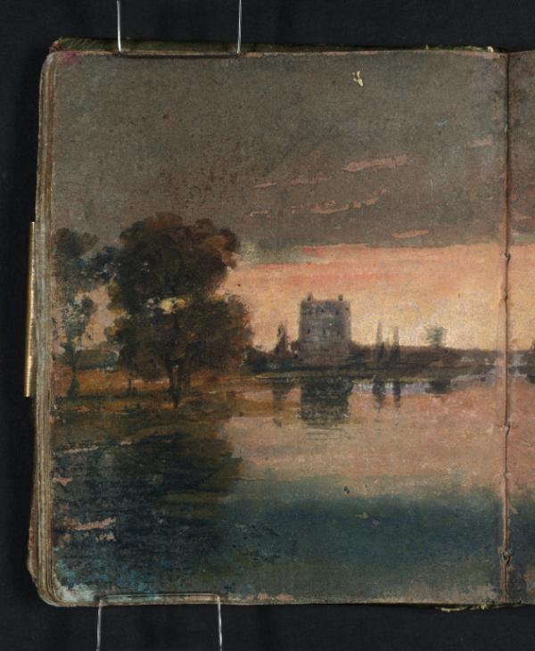 Joseph Mallord William Turner, ‘A River or Lake with Trees and Buildings against a Sunset Sky’ 1796-7