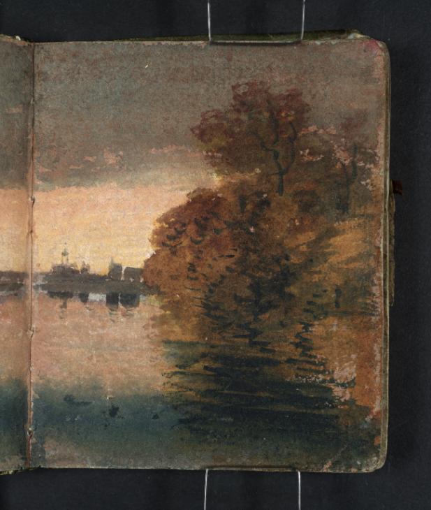 Joseph Mallord William Turner, ‘A River or Lake with Trees and Buildings against a Sunset Sky’ 1796-7