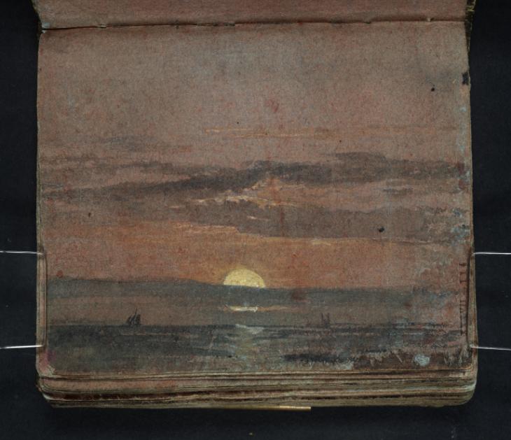 Joseph Mallord William Turner, ‘Sunset (?or Moonrise) over a Calm Sea with a Sailing Vessel, and the Coast of Kent with Reculver Church in the Distance’ 1796-7