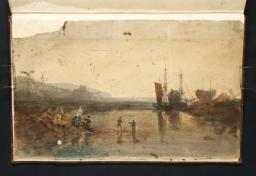 Figures by the Water, with Ships and Buildings at Tygwyn Ferry; Harlech Castle in the Distance, Joseph Mallord William Turner, 1798, Graphite on paper