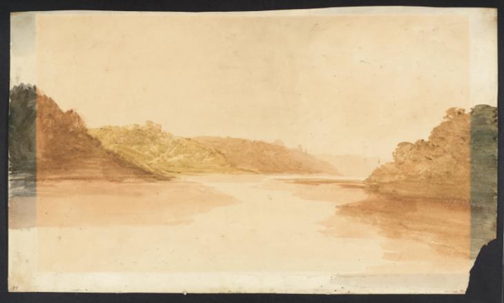 Joseph Mallord William Turner, ‘Looking along a River between High Wooded Banks, with a Large Castle just Visible in the Distance: ?Goodrich Castle on the River Wye’ 1798
