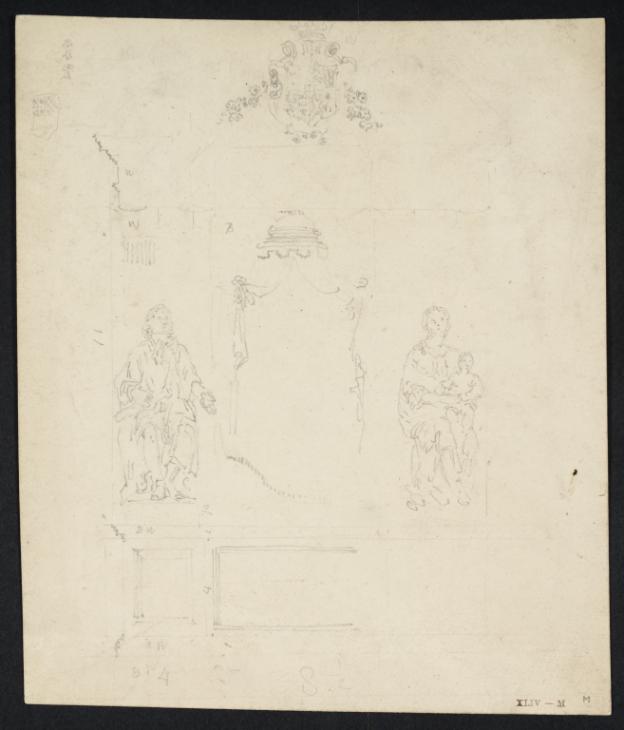 Joseph Mallord William Turner, ‘Studies of a Wall Monument: Seated Figures on either side of a Cartouche; Armorial Bearings; a Coat of Arms and Floral Ornament’ 1798