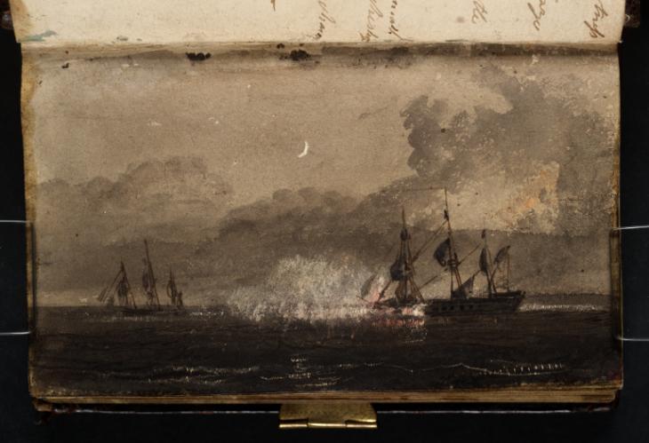Joseph Mallord William Turner, ‘A Three-Master Firing a Gun: Twilight, with a Crescent Moon and a Second Ship in the Distance’ 1799