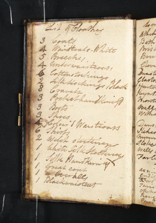 Joseph Mallord William Turner, ‘Inscription by Turner: A List of Clothes’ c.1799