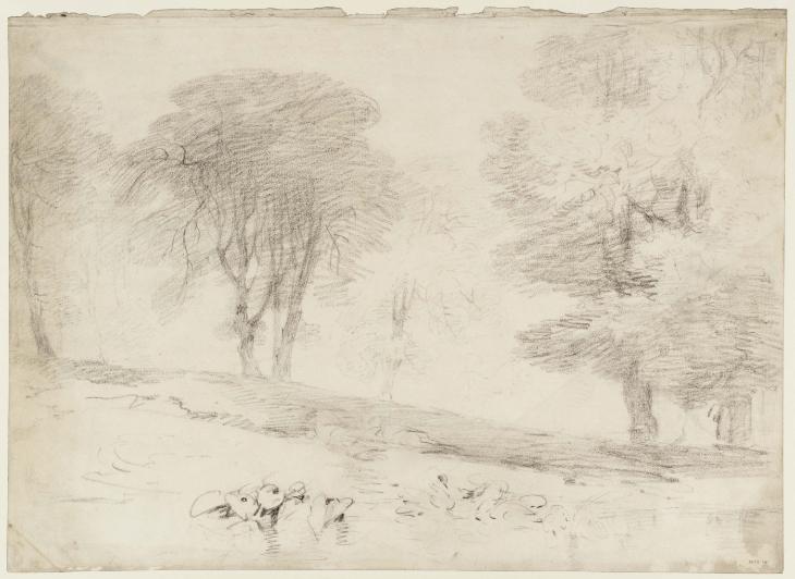 Joseph Mallord William Turner, ‘Trees on the Edge of a Lake, with Swans, and two Men Lying on the Grass, probably at Fonthill’ ?1799
