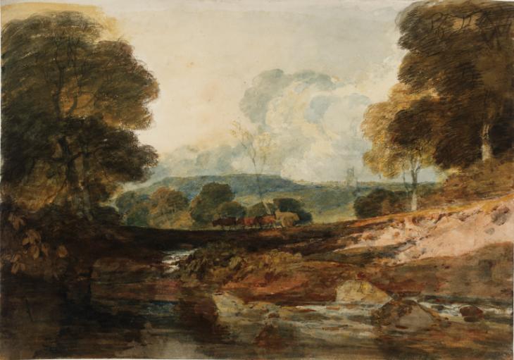 Joseph Mallord William Turner, ‘Fonthill: Distant View of the Abbey from the East, with the Lake in the Foreground and a Team of Oxen’ 1799