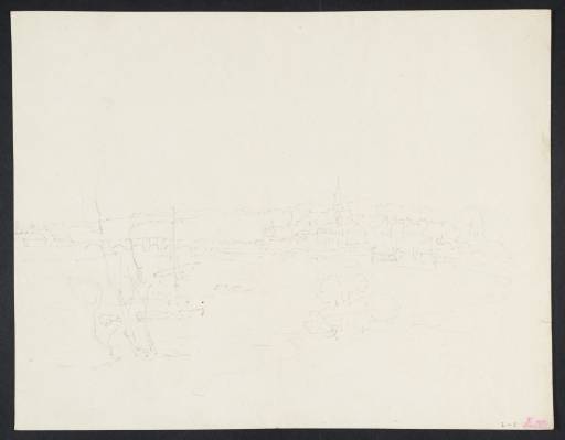 Joseph Mallord William Turner, ‘A Town on the Bend of a Wide River, with a Church and Distant Eight-Arched Bridge’ 1797-8