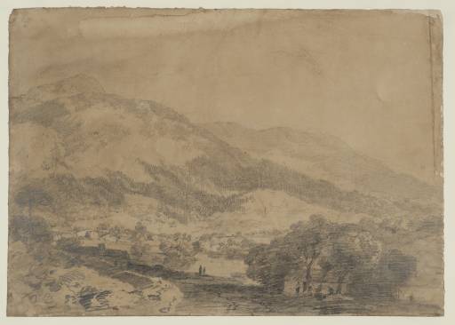 Joseph Mallord William Turner, ‘A Village by a River with Mountains Beyond, Perhaps near Pitlochry’ 1801
