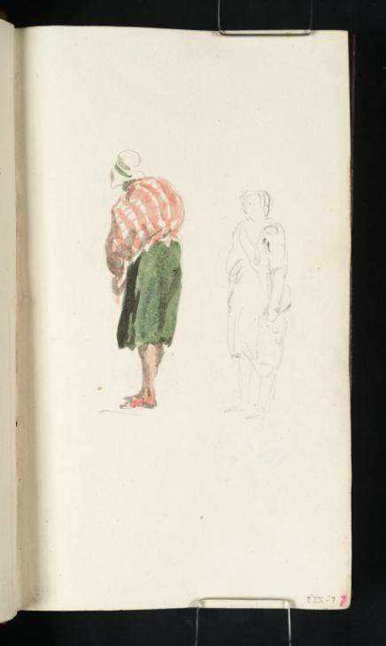 Joseph Mallord William Turner, ‘Back View of a Standing Woman with a Cap, Plaid Shawl, Green Skirt and Bare Feet; Another Standing Woman’ 1801