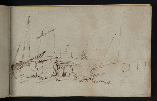 Joseph Mallord William Turner, ‘Beached Fishing Boats near a Windlass, with Ships at Anchor Beyond’ c.1801-2