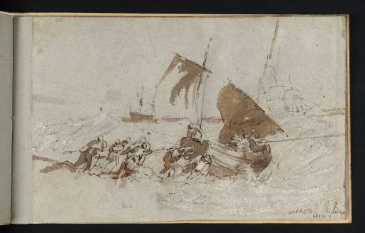 Joseph Mallord William Turner, ‘Fishermen Launching a Boat into Breakers, with Ships Beyond’ c.1801-2