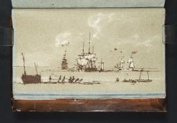 Vessels Moored off the Coast; Small Boats and Figures on the Beach in the Foreground