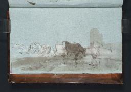 Cattle Grazing by a Pool; A Castle or Church Tower Beyond, Joseph Mallord William Turner, c.1799–1802, Ink and graphite on paper