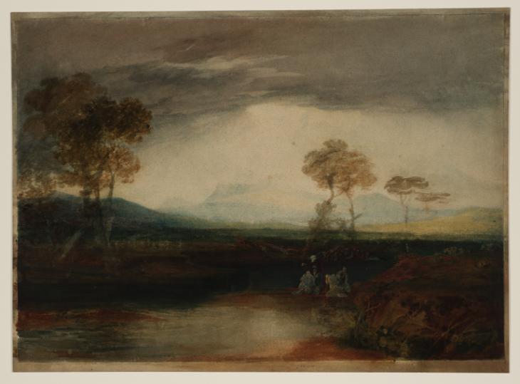 Joseph Mallord William Turner, ‘A Bard and other Figures, with a Crowd of Dancers, in a Landscape with Distant Mountains’ c.1799-1800