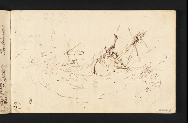 Joseph Mallord William Turner, ‘Two Ships, one Sinking, and a Lifeboat: Arithmetic (Inscription by Turner)’ c.1805