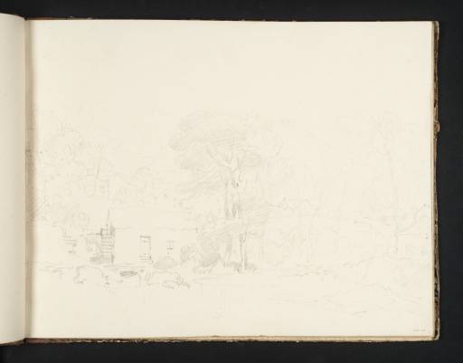Joseph Mallord William Turner, ‘A Mill, Bridge and Houses among Trees, with Distant Mountains’ 1808