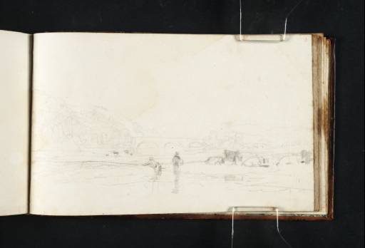 Joseph Mallord William Turner, ‘Fishermen in the River Dee near Corwen Bridge; Sketch for 'Trout Fishing in the Dee, Corwen Bridge and Cottage'’ 1808