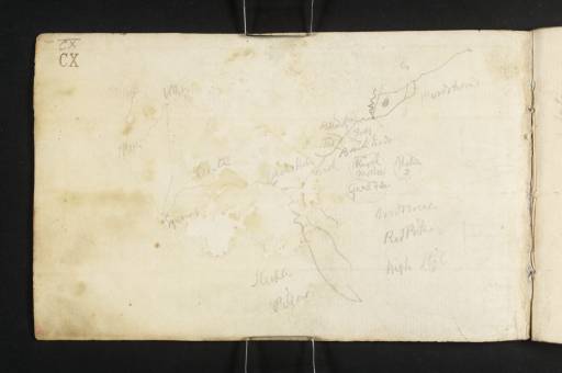 Joseph Mallord William Turner, ‘Sketch Map of Ennerdale and Surroundings, with Notes (Inscriptions by Turner)’ 1809 (Inside front cover of sketchbook)
