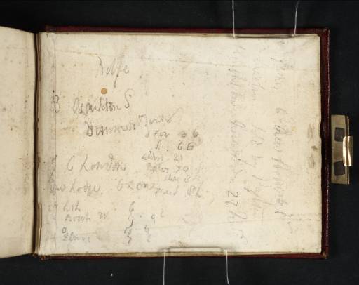 Joseph Mallord William Turner, ‘Inscriptions by Turner: Notes including a Name and Address’ c.1808-11 (Inside back cover of sketchbook)