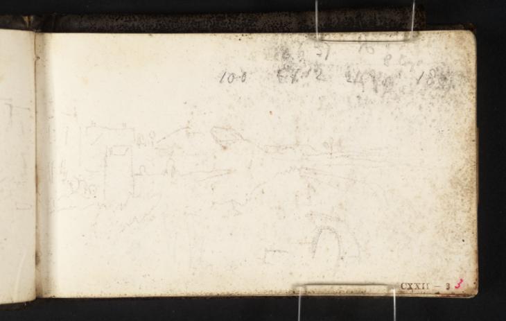 Joseph Mallord William Turner, ‘A Group of Buildings, with Trees and a Bridge; win an Inscription by Turner: Calculations or Accounts’ c.1807-14