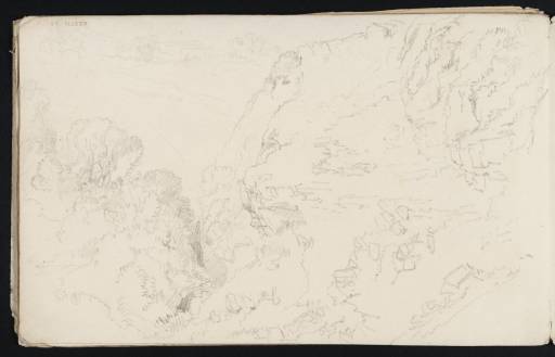 Joseph Mallord William Turner, ‘A Rocky Cliff and Wooded Gorge, with Distant Buildings on a Hill’ c.1809-10