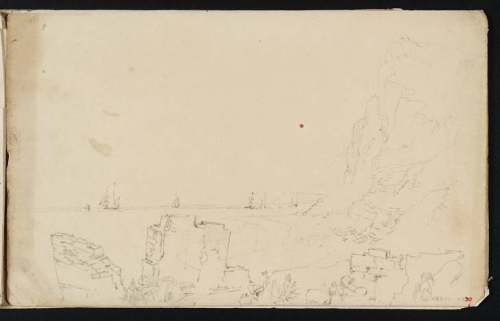 Joseph Mallord William Turner, ‘A Coast with Cliffs, Distant Shipping and Ruins in the Foreground’ c.1809-10