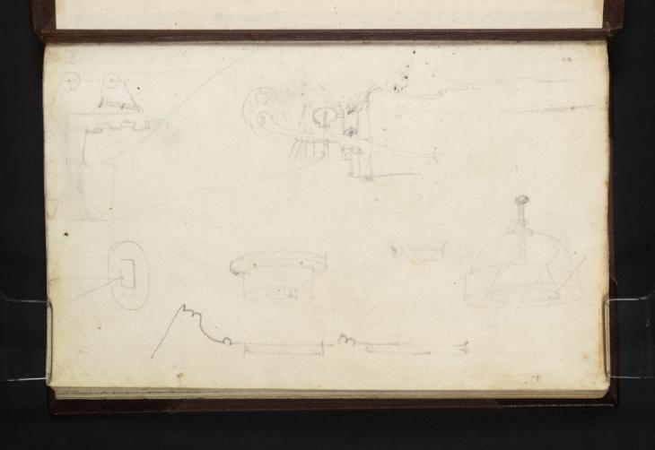 Joseph Mallord William Turner, ‘?Scientific Instruments, a Waggon, and Architectural Details, Perhaps at Farnley Hall’ ?1814