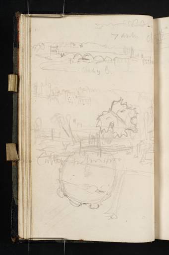 Joseph Mallord William Turner, ‘Three Sketches of Chertsey Bridge and Thames Scenery; a Leaf; a Tambourine, Flute and Staff for 'The Decline of the Carthaginian Empire'’ c.1816-19