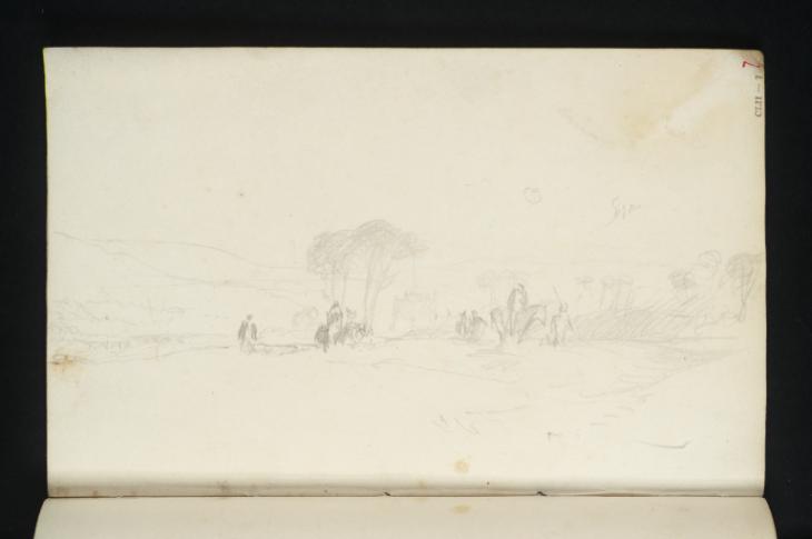 Joseph Mallord William Turner, ‘Figures Returning from Shooting near Farnley Hall; Otley Bridge and Newall Hall in the Distance’ c.1816-18
