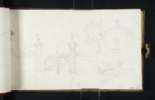 Joseph Mallord William Turner, ‘The West Lodge Gates, Farnley Hall with Otley Bridge Beyond; Details of Cornices, Etc., of Gate Posts’ 1818
