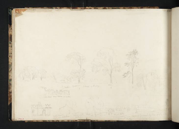 Joseph Mallord William Turner, ‘Trees and Buildings Including the Gatehouses at Raby Castle; Part of a View of Raby, with a Smaller Repetition’ 1817