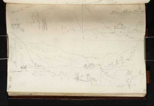 Joseph Mallord William Turner, ‘Andernach, with the Watch Tower and Details of Architecture, Looking down the River Rhine to Namedy; Looking downstream from the Landing-Stage by the Crane towards Hammerstein and Leutesdorf; Leutesdorf; the Crane at Andernach, with Hammerstein in the Distance’ 1817