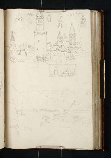 Joseph Mallord William Turner, ‘Andernach: Looking South from the Road from Namedy, with Town Walls, Chapel of the Annunziatenkloster, Watch Tower and Pfarrkirche Maria Himmelfahrt, and Details of Architecture; the Same View, with the Crane; from the Landing-Stage, Looking down the River Rhine towards Leutesdorf’ 1817