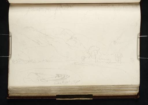 Joseph Mallord William Turner, ‘Two Views of Burg Sterrenberg and Burg Liebenstein ('The Brothers') from across the River Rhine; Burg Sterrenberg, Looking upstream from the West Bank soon after Boppard; a Boat’ 1817