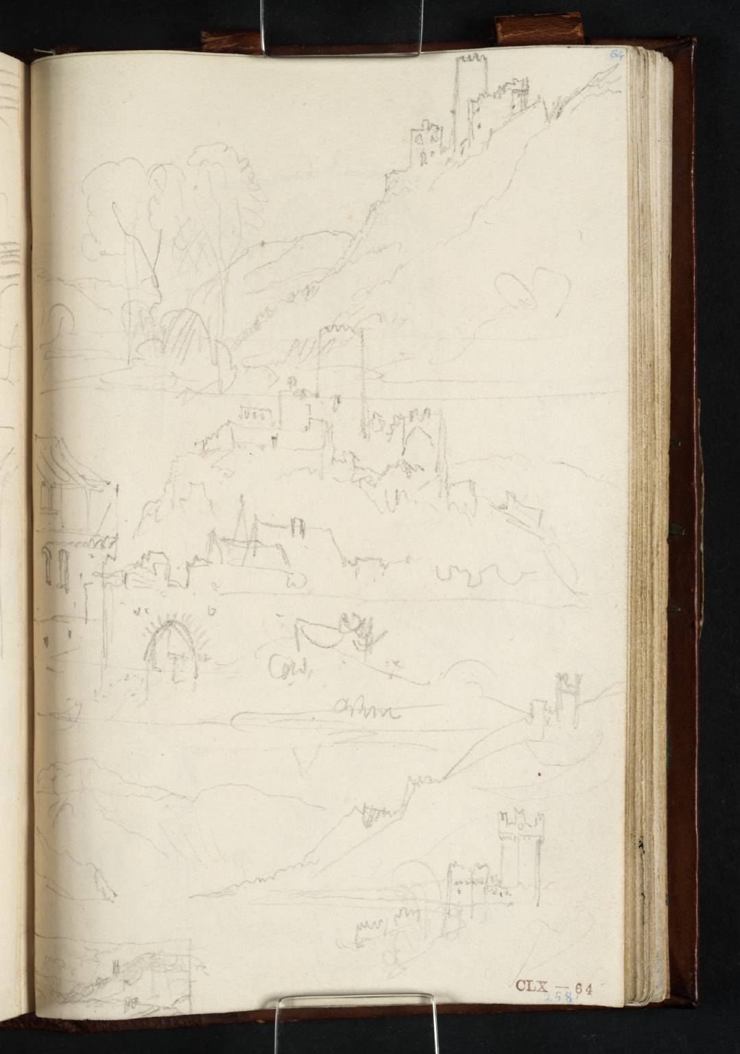 (1) Burg Fürstenberg, Looking Upstream from the West Bank; (2) Burg Fürstenberg and the Village of Rheindiebach from the Waterside; (3)-(5) Two Sketches and Composition Study of Burg Sooneck Looking Upstream from the West Bank