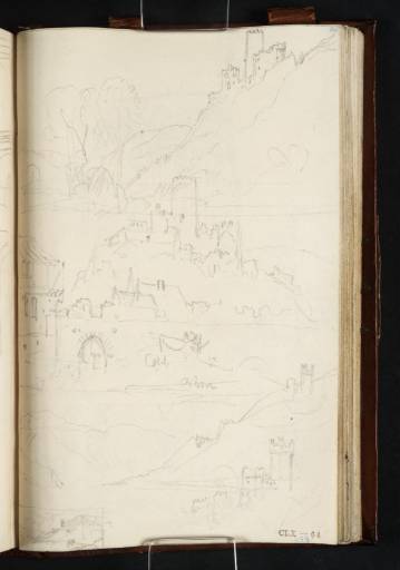 Joseph Mallord William Turner, ‘Castles: Burg Fürstenberg, Looking upstream from the West Bank of the River Rhine; Burg Fürstenberg and Rheindiebach from the Waterside; Sketches and a Composition Study of Burg Sooneck, Looking upstream from the West Bank’ 1817