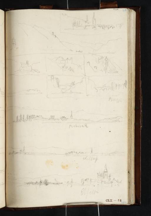 Joseph Mallord William Turner, ‘The River Rhine between Bautsburg and Mainz: Burg Klopp, Bingen and the Drusus Bridge over the River Nahe, from the Rhine; View up the Rhine to Burg Ehrenfels; Five Composition Studies, the Last showing the Bridge and Abbey at Bingen; Views up the Rhine to Kastel and Main, and downstream to Biebrich, and to Walluf and Eltville, and downstream from above Eltville’ 1817