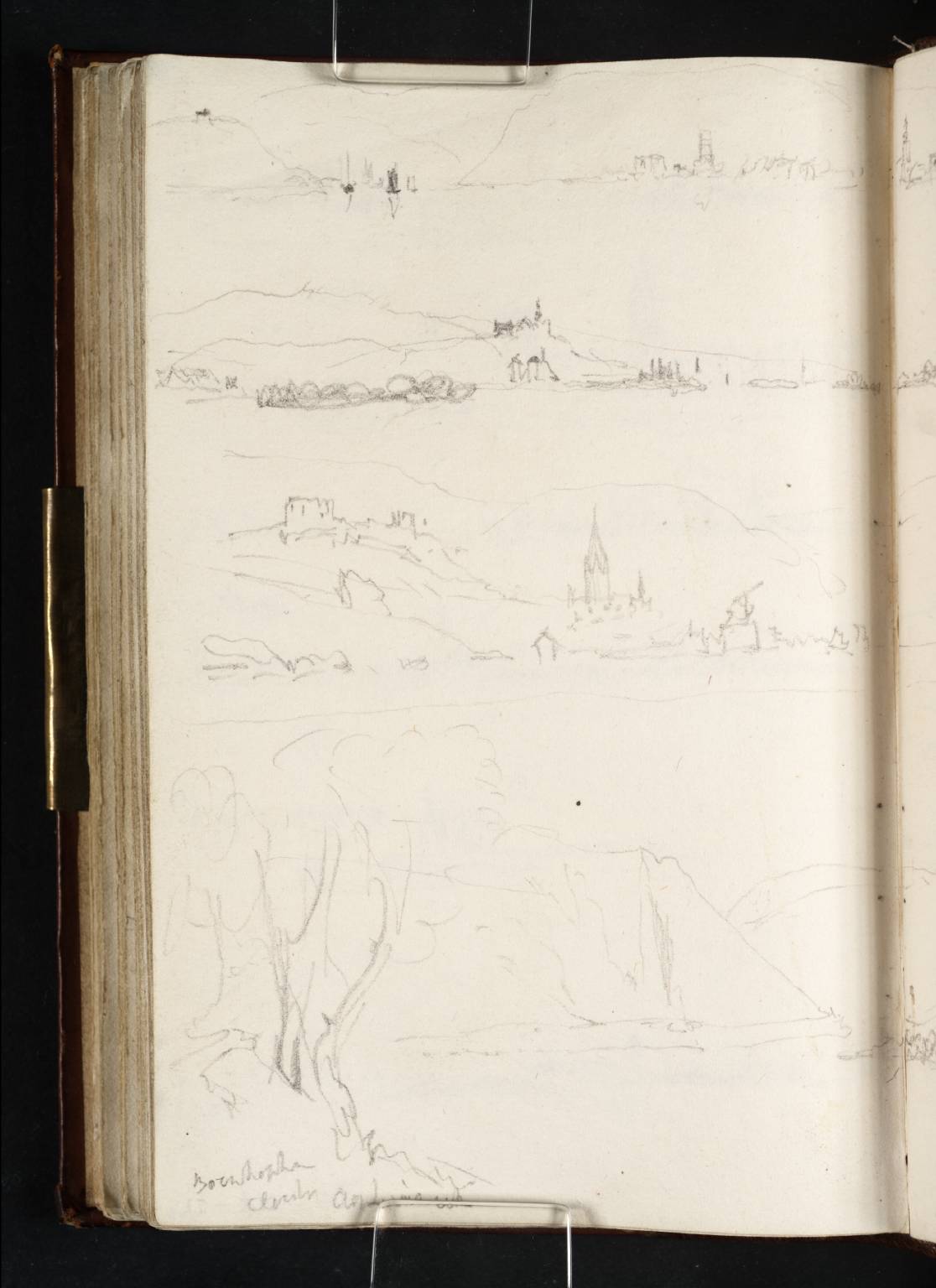 Views Downstream from Mid-River: (1) to Bingen and Rüdesheim (Sketch of Rüdesheim to Right); (2) to St Roch’s Chapel, Bingen and Rüdesheim; (3) to Burg Klopp, Bingen, the Maüseturm and Burg Ehrenfels; (4) to the Church at Bornhofen and ‘The Brothers’