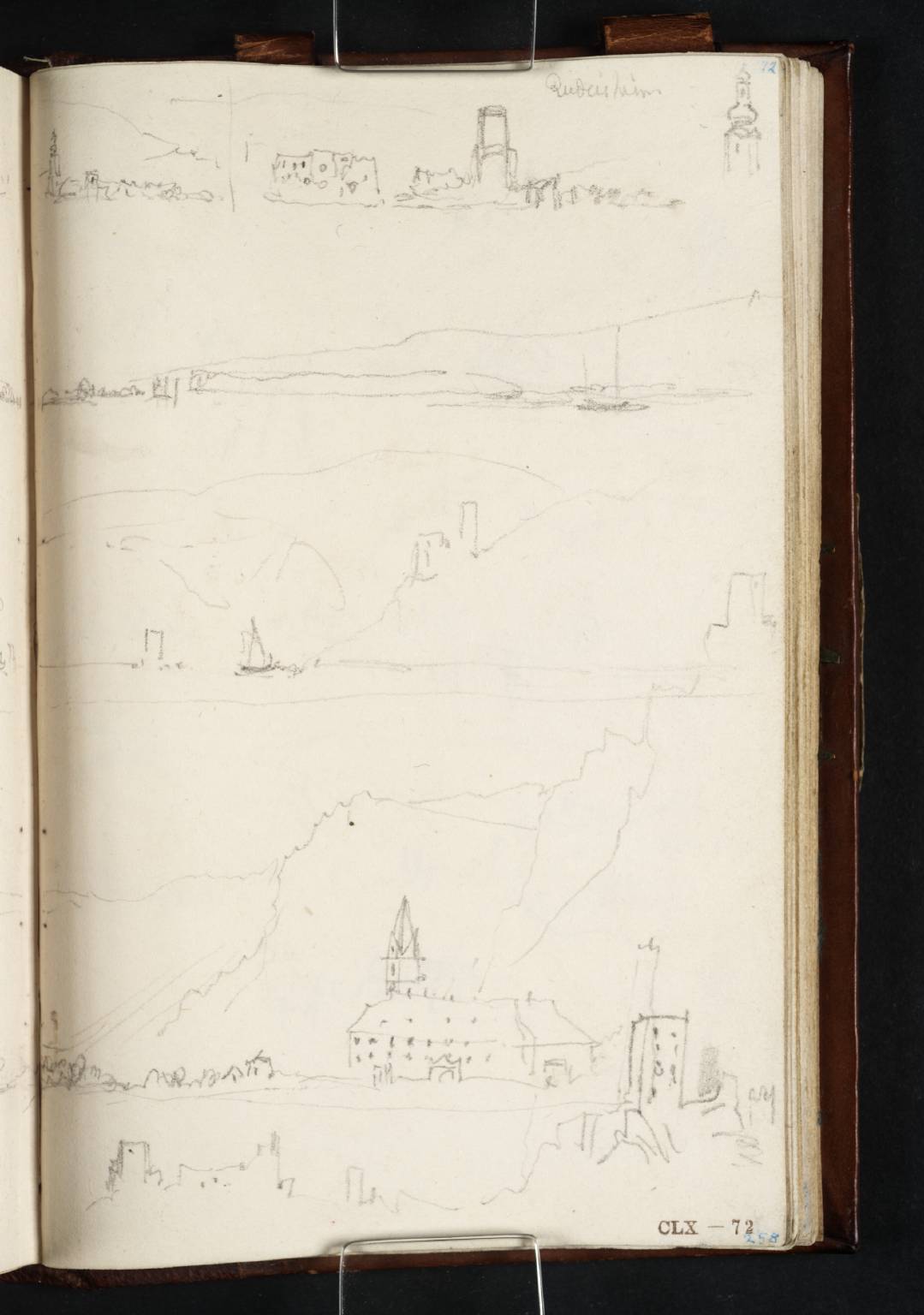 Views Downstream from Mid-River: (1) to Bingen and Rüdesheim (Sketch of Rüdesheim to Right); (2) to St Roch’s Chapel, Bingen and Rüdesheim; (3) to Burg Klopp, Bingen, the Maüseturm and Burg Ehrenfels; (4) to the Church at Bornhofen and ‘The Brothers’